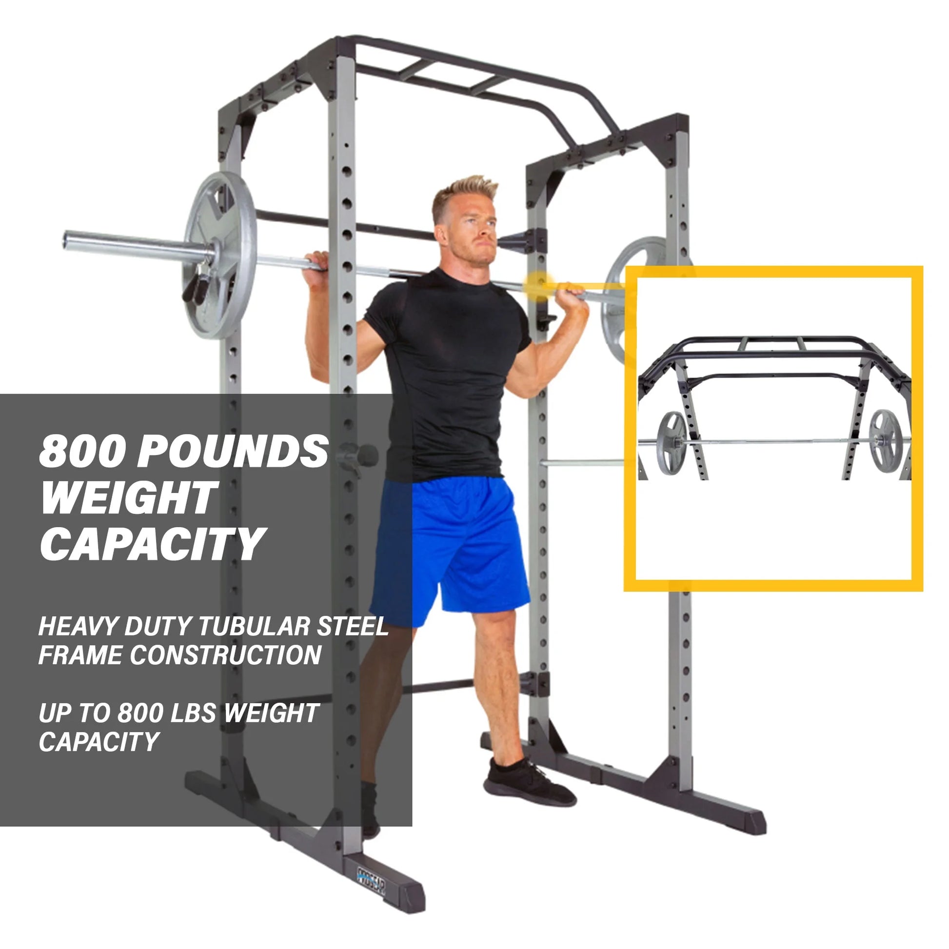 Squat Rack Power Cage with J-Hooks, Ultra Strength 800Lb Weight Capacity, Optional Lat Pulldown Attachment