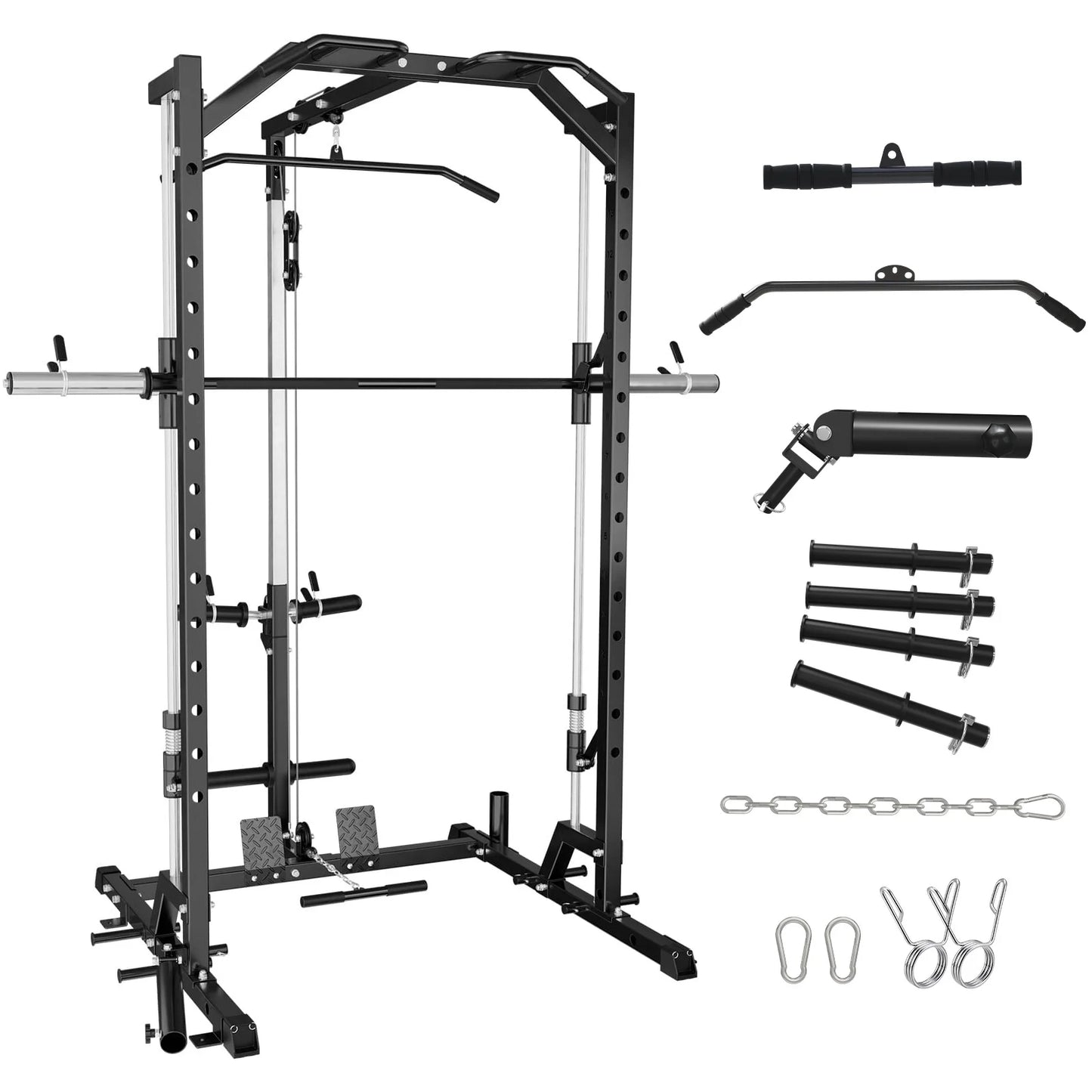 Smith Machine Home Gym, Multi-Functional Squat Rack with Lat Pull down System, Workout Station with Weight Bar, Bend Peg and Other Functional Attachments