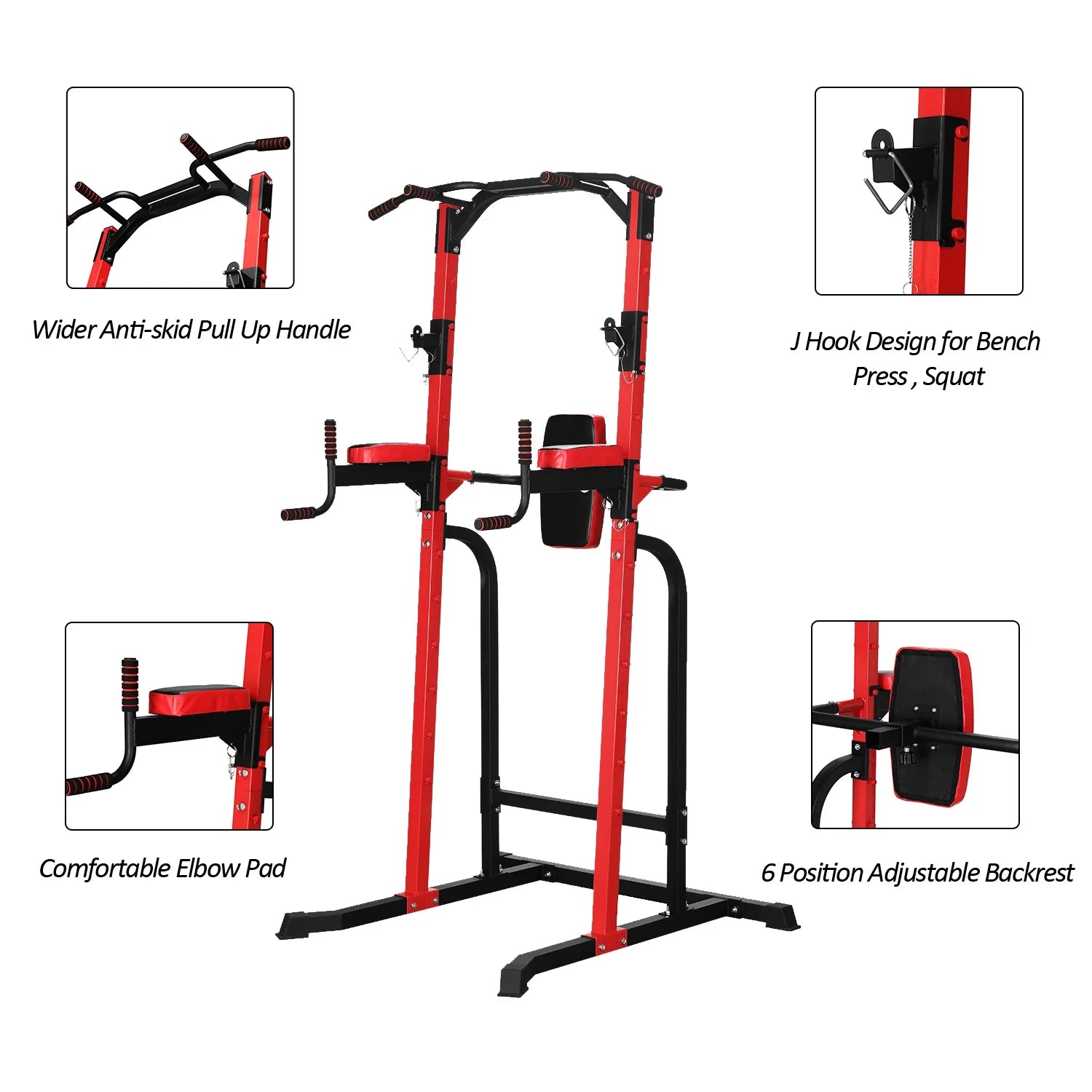 Power Tower Dip Stands Multi-Function Pull-Up Bars & Squat Bar Strength Training Fitness Equipment for Home Gym, Red