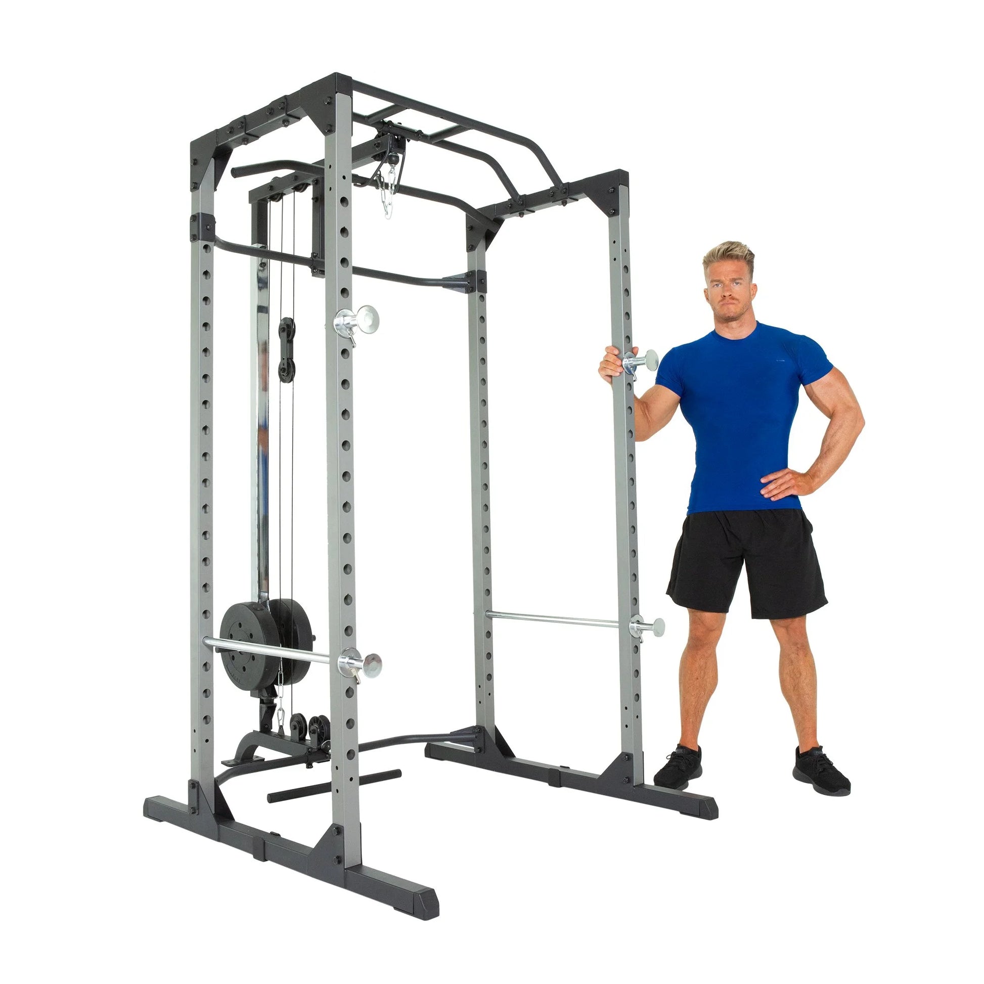 Squat Rack Power Cage with J-Hooks and Lat Pulldown Attachment, Ultra Strength 800Lb Weight Capacity