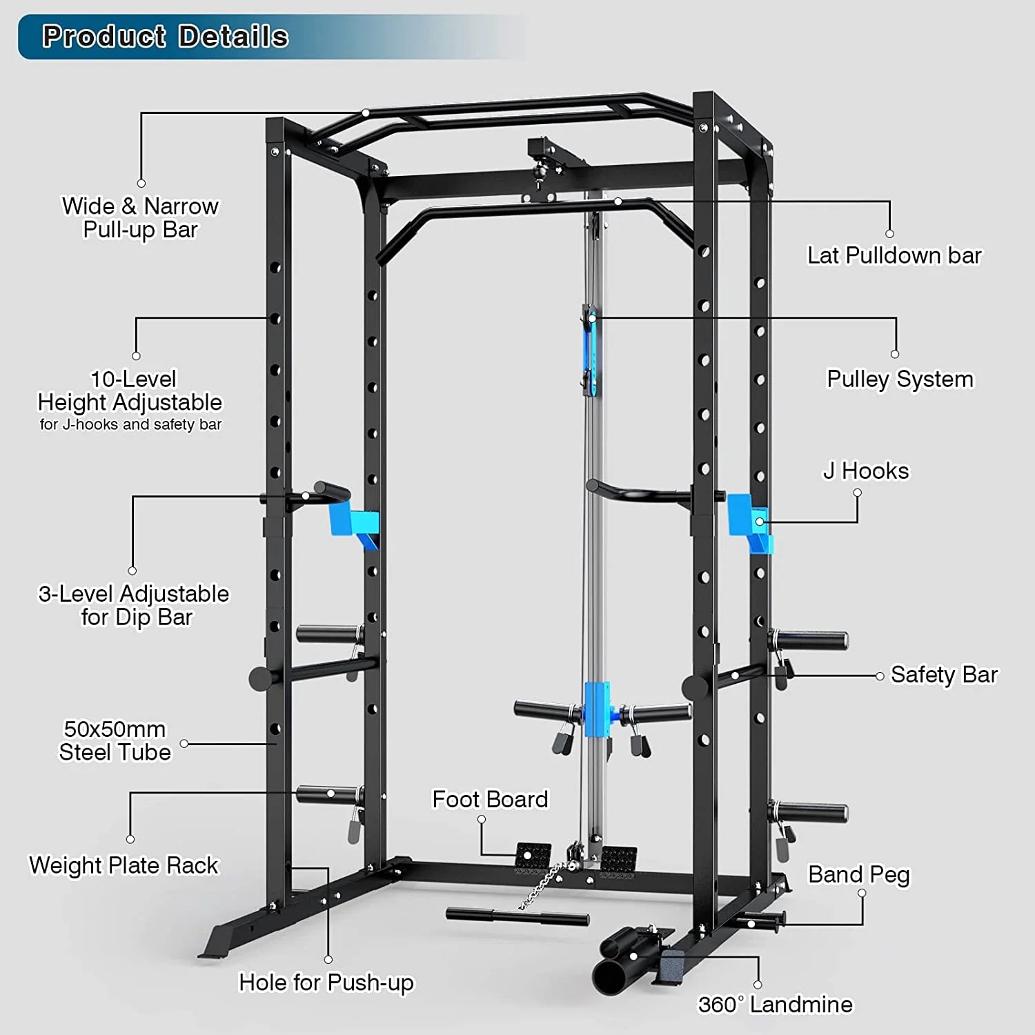 Power Cage, Multi-Functional Power Rack with J-Hooks, Dip Handles, Landmine Attachment and Optional Cable Pulley System for Home Gym