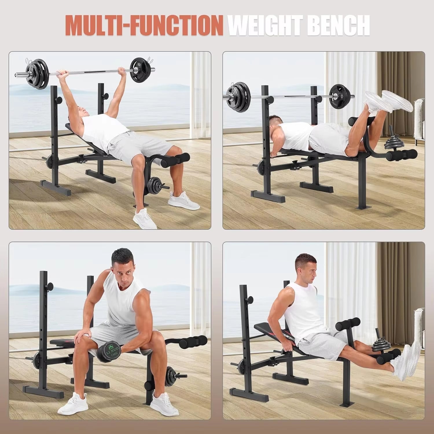 Weight Bench Set, Adjustable Bench Press Set with Squat Rack & Leg Extension, Folding Workout Bench Set for Full Body