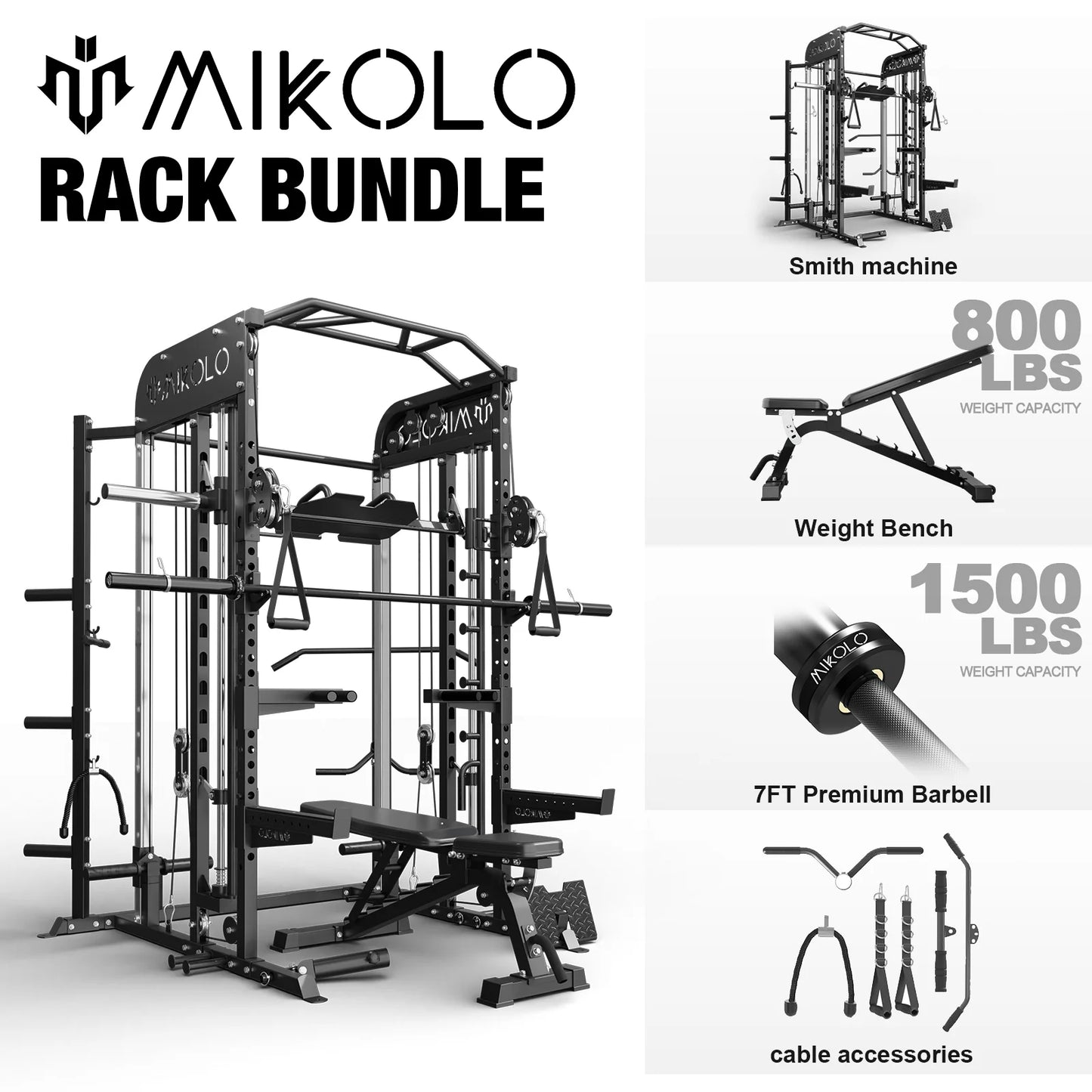 Smith Machine, All-In-One Power Rack Cage with Vertical Leg Press and Smith Bar, with 800 Lbs Capacity Weight Bench and 1500 Lbs Capacity Barbell Combo