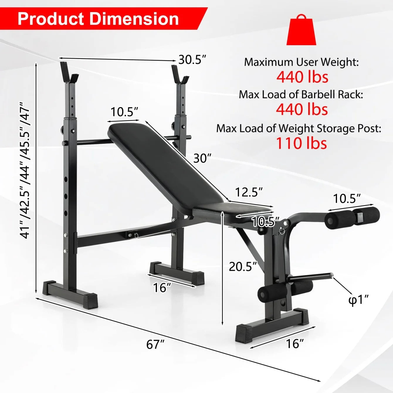 Adjustable Weight Bench Set with Squat Steel Rack, Black, 42.55 Lb