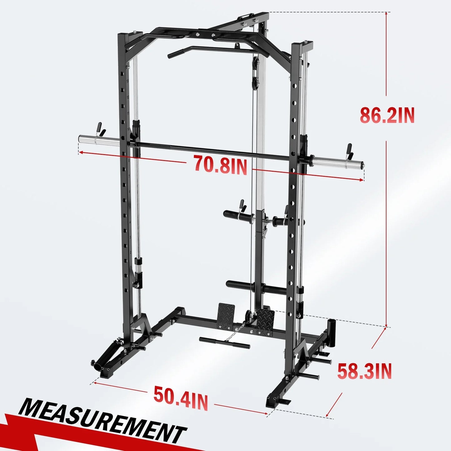 Smith Machine Home Gym, Multi-Functional Squat Rack with Lat Pull down System, Workout Station with Weight Bar, Bend Peg and Other Functional Attachments