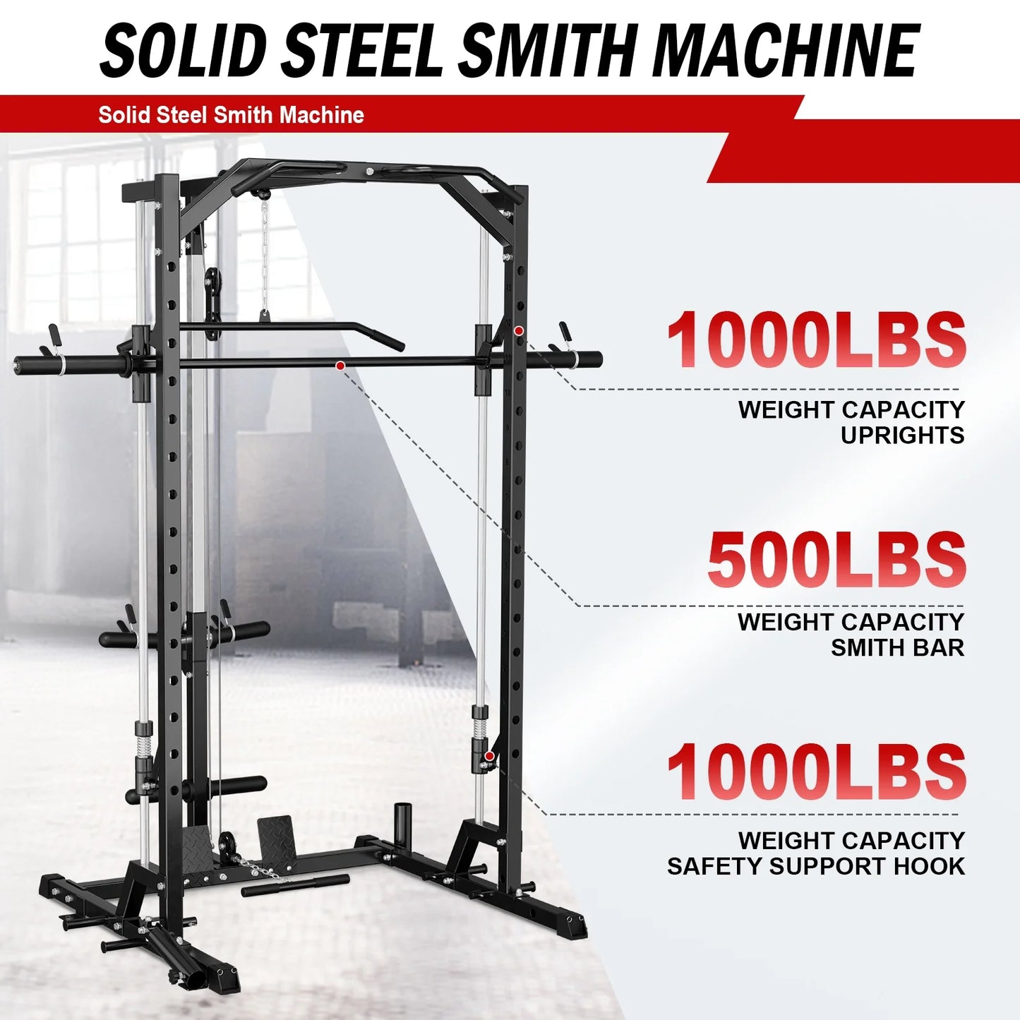 Smith Machine Home Gym, Multi-Functional Squat Rack with Lat Pull down System, Workout Station with Weight Bar, Bend Peg and Other Functional Attachments