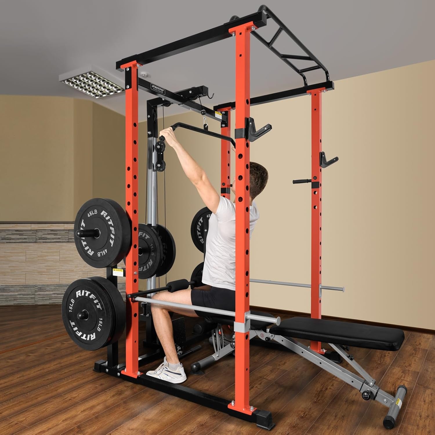 Power Cage with Optional LAT Pulldown/Cable Crossover/Smith Machine System, 1000LB Squat Rack for Home & Garage Gym, with Weight Storage Rack and More Training Attachments, Astm-Certified