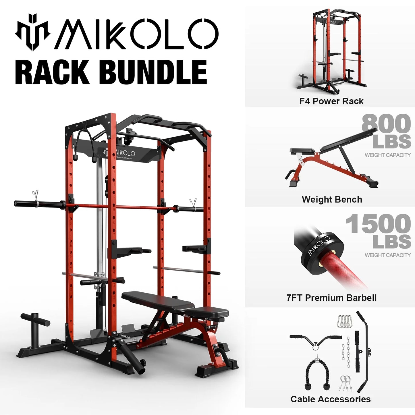 Power Rack Cage with LAT Pulldown System,1200 Lbs Capacity Power Rack with 800 Lbs Capacity Weight Bench and 1500 Lbs Capacity Barbell Combo (Upgraded)