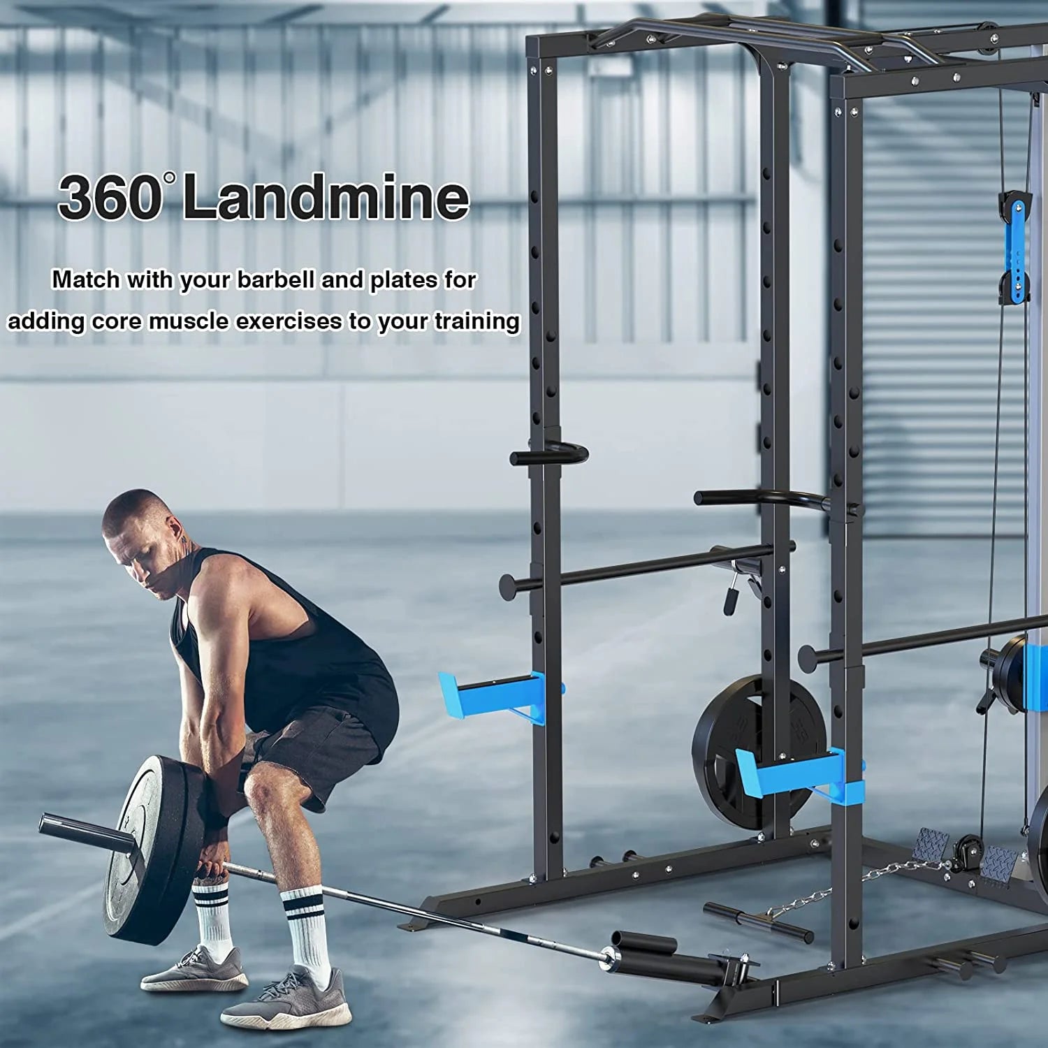 Power Cage, Multi-Functional Power Rack with J-Hooks, Dip Handles, Landmine Attachment and Optional Cable Pulley System for Home Gym