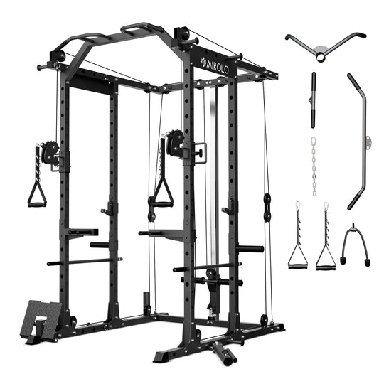 Power Rack Cage, Weight Rack with Cable Crossover Machine,Multi-Function Squat Rack with J Hooks,Dip Bars and Landmine for Home Gym (Black)