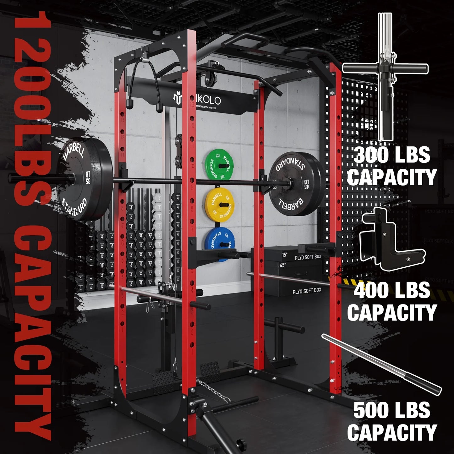 Power Rack Cage with LAT Pulldown System,1200 Lbs Capacity Power Rack with 800 Lbs Capacity Weight Bench and 1500 Lbs Capacity Barbell Combo (Upgraded)