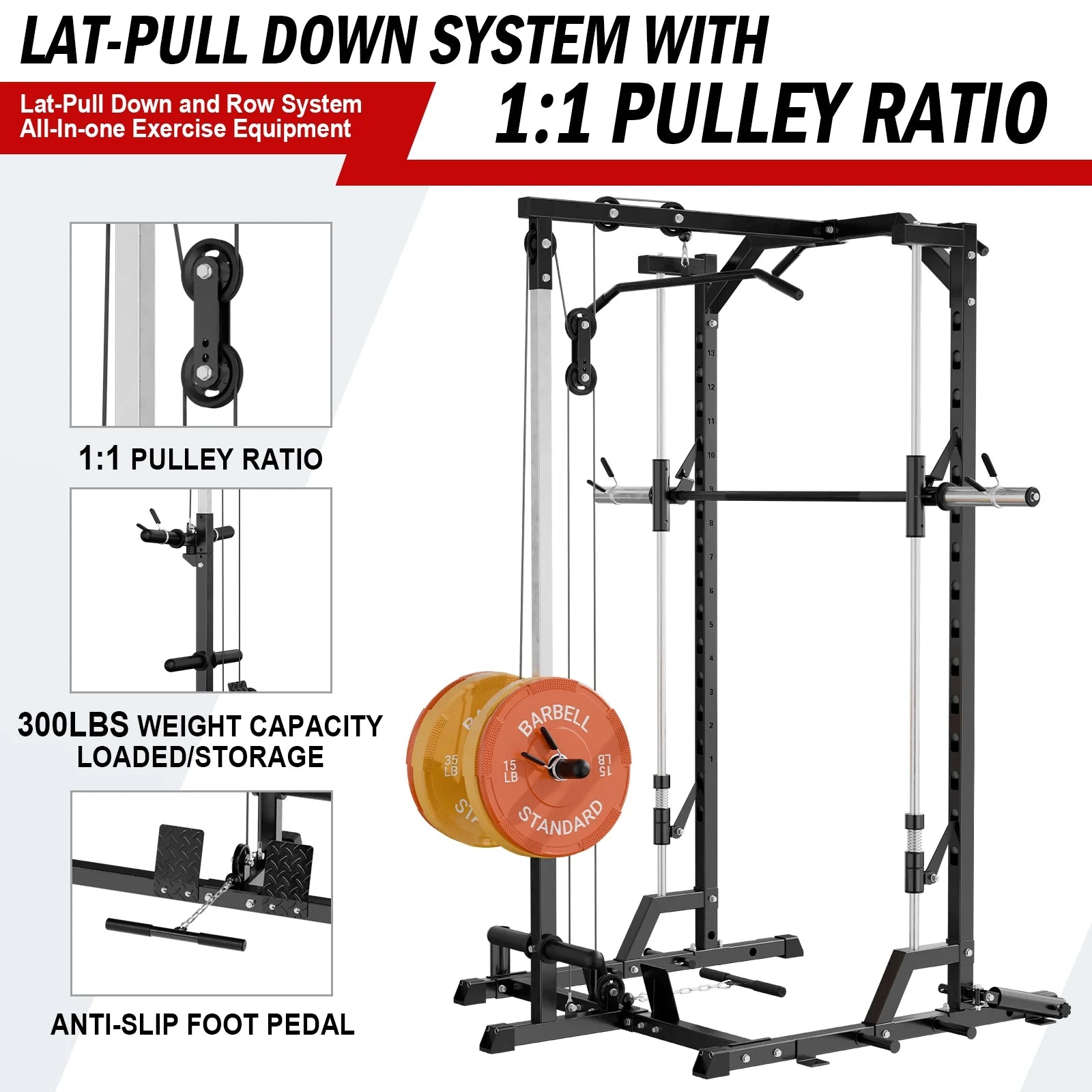 Smith Machine Home Gym, Multi-Functional Squat Rack with Lat Pull down System, Workout Station with Weight Bar, Bend Peg and Other Functional Attachments