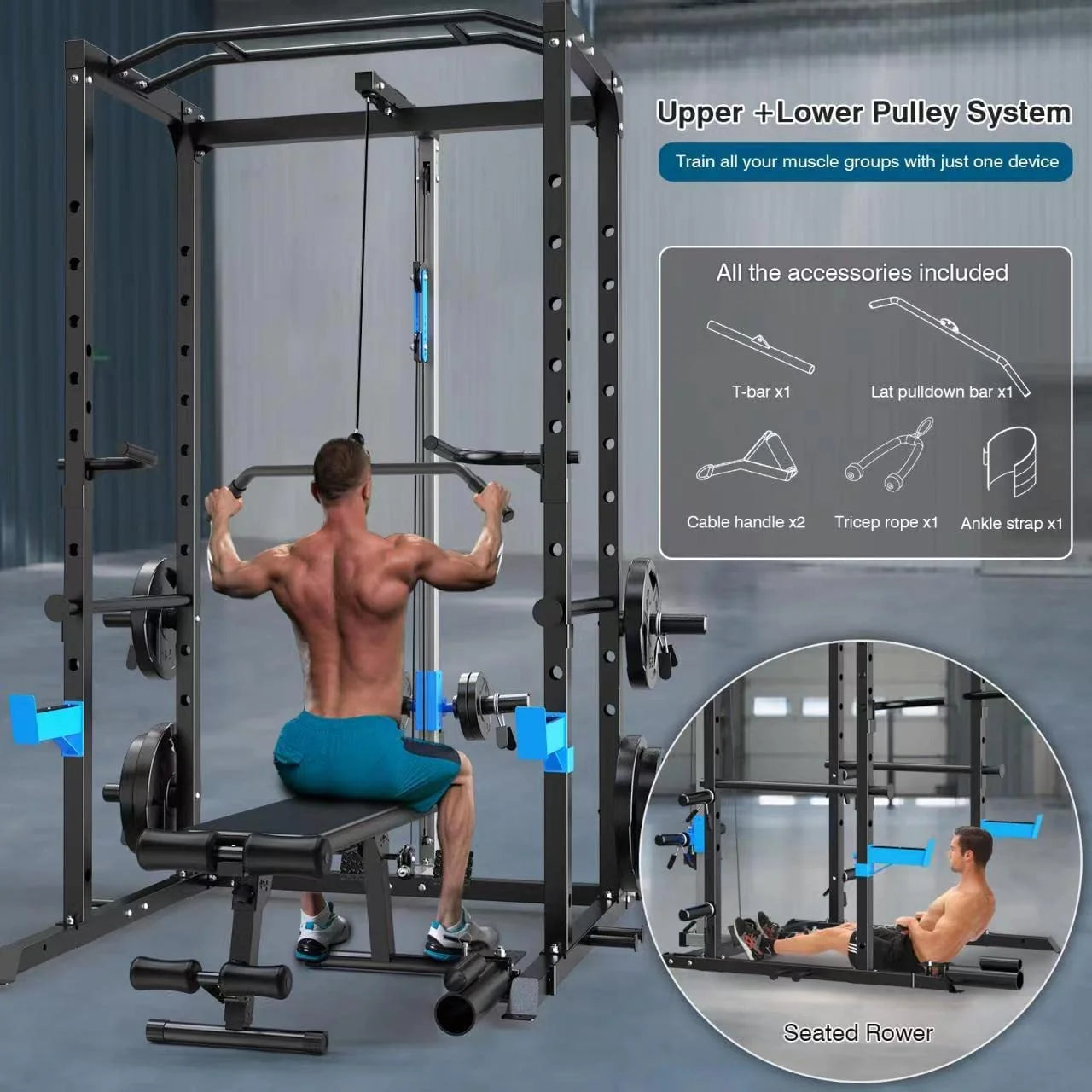 Power Cage, Multi-Functional Power Rack with J-Hooks, Dip Handles, Landmine Attachment and Optional Cable Pulley System for Home Gym