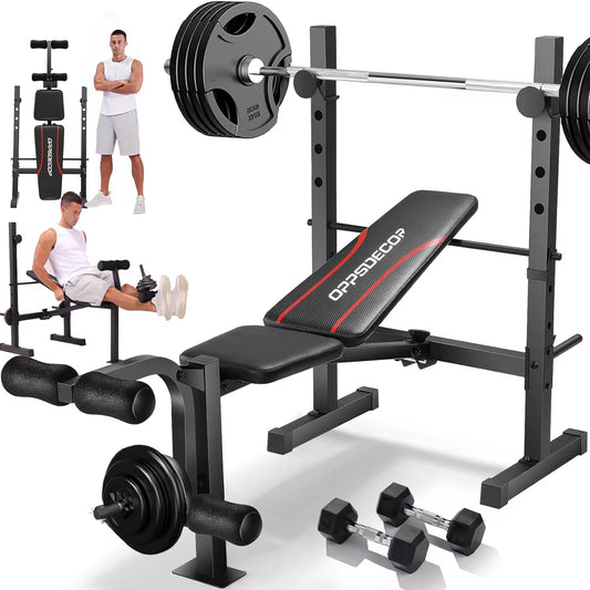 Weight Bench Set, Adjustable Bench Press Set with Squat Rack & Leg Extension, Folding Workout Bench Set for Full Body