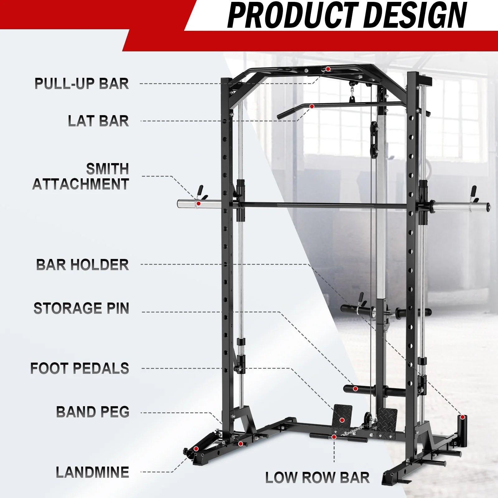 Smith Machine Home Gym, Multi-Functional Squat Rack with Lat Pull down System, Workout Station with Weight Bar, Bend Peg and Other Functional Attachments