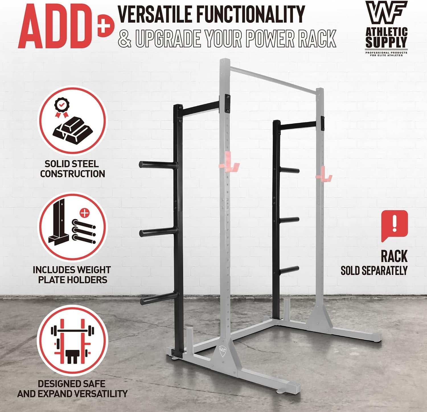 Squat Stand with J-Hooks & Pull up Bar, Bench Press Rack for Full Body Strength Workout; Safety Spotter Arms, Plate Holder & Half Rack Conversion Kit Attachments Available